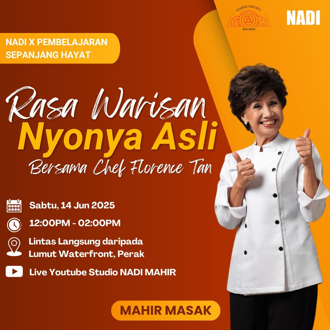 🌸 Rindukan masakan turun-temurun Nyonya?
Rasa nostalgia yang asli kini kembali bersama Chef Florence Tan, khas dari Lumut Waterfront!
📆 Sabtu | 14 Jun 2025
⏰ 12:00 PM – 2:00 PM
📡 LIVE di Youtube Studio (hadir di NADI TAMAN INTAN JAYA)
Jangan lepaskan peluang belajar rahsia dapur Nyonya secara langsung! 💕
Jom ajak-ajak kawan anda yang suka masak & share warisan ini bersama!
Tekan link di bawah, untuk pendaftaran!
www.wasap.my/601165608421masakannyonya